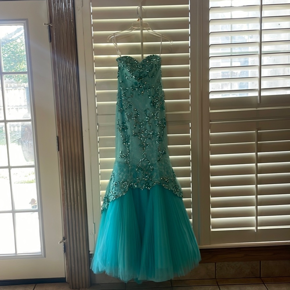 teal beaded sheri hill dress